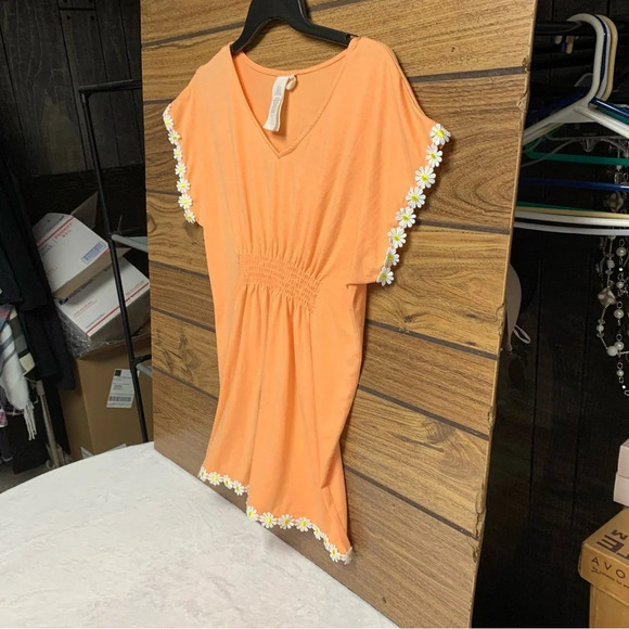 Hobie size 14 swimsuit coverup orange with yellow daisies with ruching at waist - Picture 6 of 8